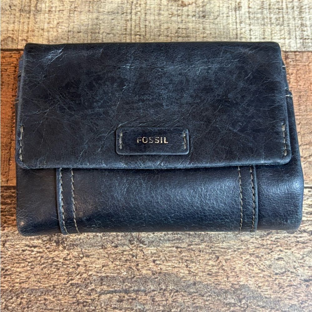 FOSSIL Leather BLACK Multifunction ELLIS Modified Tri-Fold Card Coin WALLET
